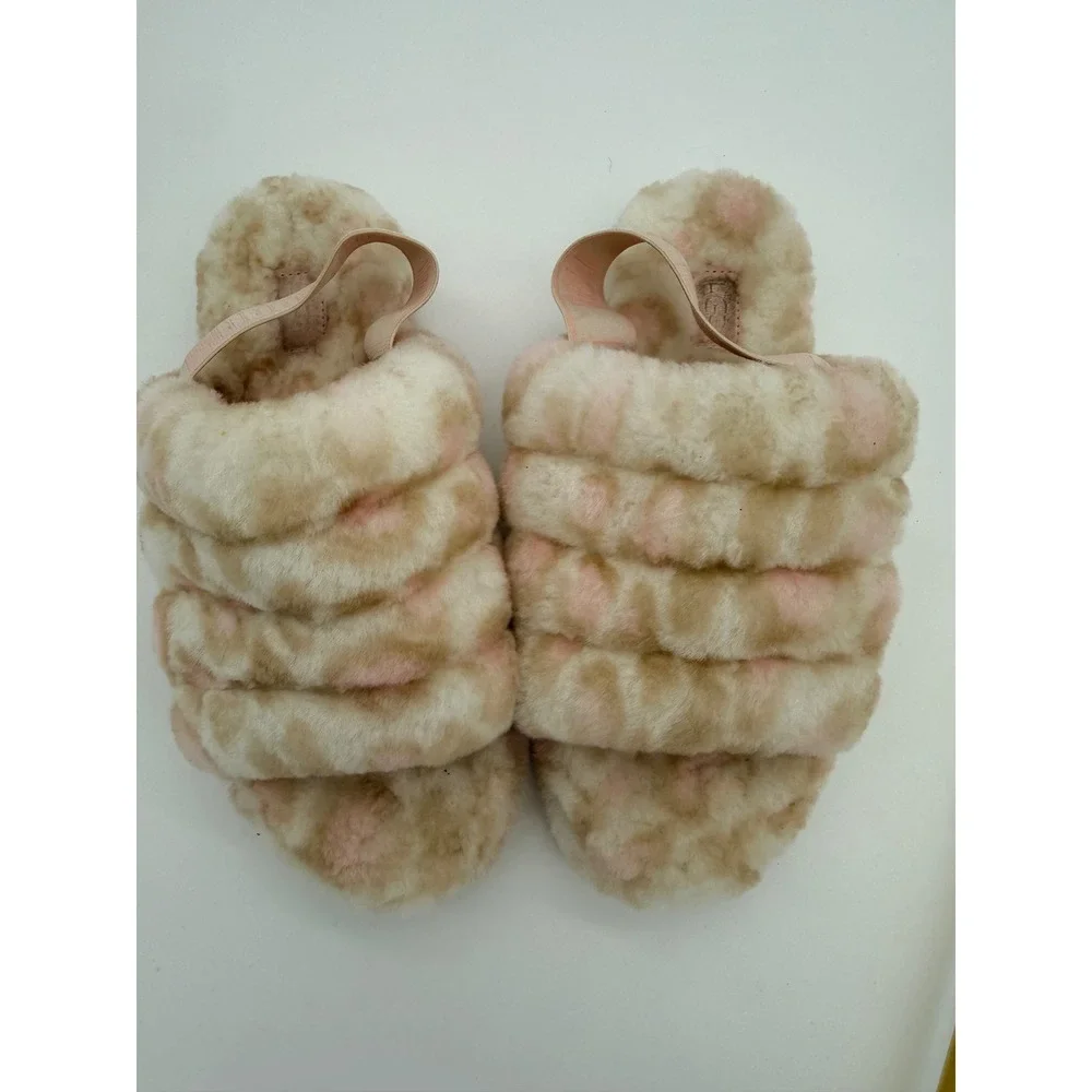 UGG Kids Fluff Yeah Leopard Tan Pink‎ Sheepskin Slide Sandals Size 5Y